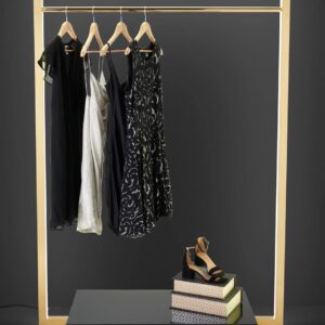 Displays2go Freestanding Garment Display Rack, Recessed LED Lighting, for Retail Boutique - Gold (SMOFCGRLED)