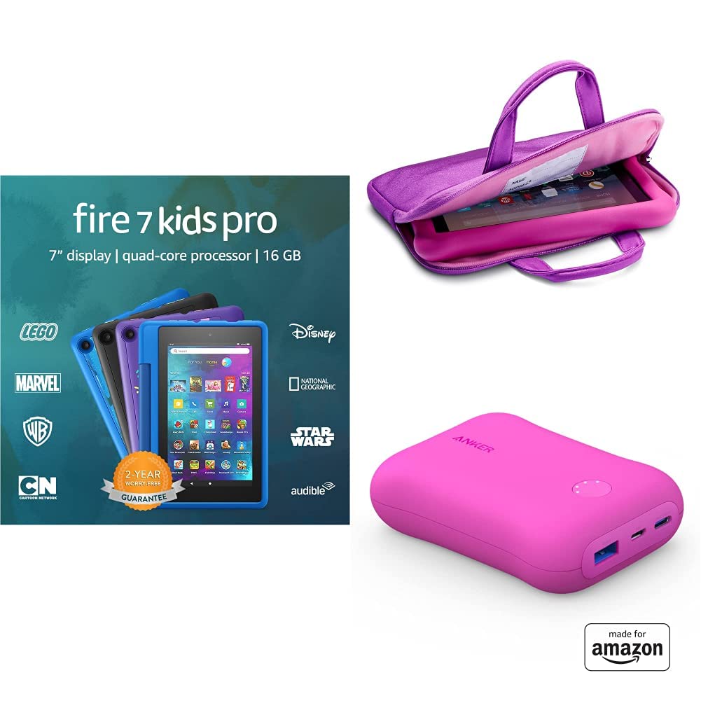 Fire 7 Kids Pro tablet, 7" 16 GB (Doodle) + Sleeve + Power Charger