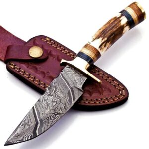 8 inch handmade damascus steel hunting knife handle deer antler w leather c. the handle color and gard shape could be different then pics