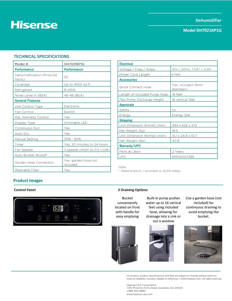 Hisense 50-Pint 3-Speed Built-in Pump Dehumidifier, 3 Modes (Auto, Continuous, Manual) Energy Star, LED display, Noise level 48 dB, up to 4500 sq ft, 115v – DH7021KP1G (Renewed)