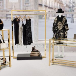 Displays2go Freestanding Garment Display Rack, Recessed LED Lighting, for Retail Boutique - Gold (SMOFCGRLED)