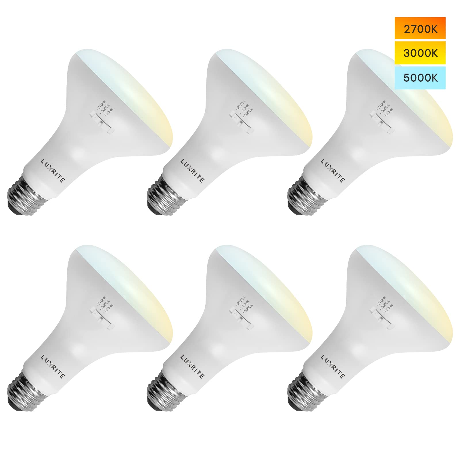 LUXRITE 6-Pack BR30 LED Bulb, 65W Equivalent, 3 Colors 2700K | 3000K | 5000K, Dimmable, 850 Lumens, LED Flood Light Bulbs, 10W, Damp Rated, Indoor/Outdoor - Living Room, Kitchen, and Recessed