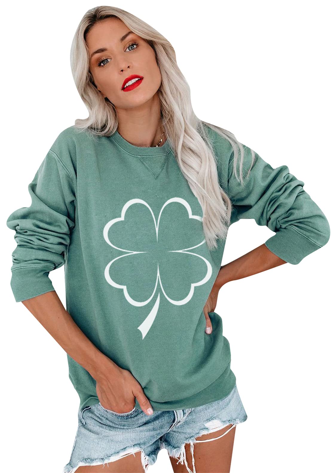 YMING Women's Long Sleeve Crew Neck Shirt Shamrock Printed Pullover Tops St. Patrick's Day Sweatshirt Green Shamrock 3XL