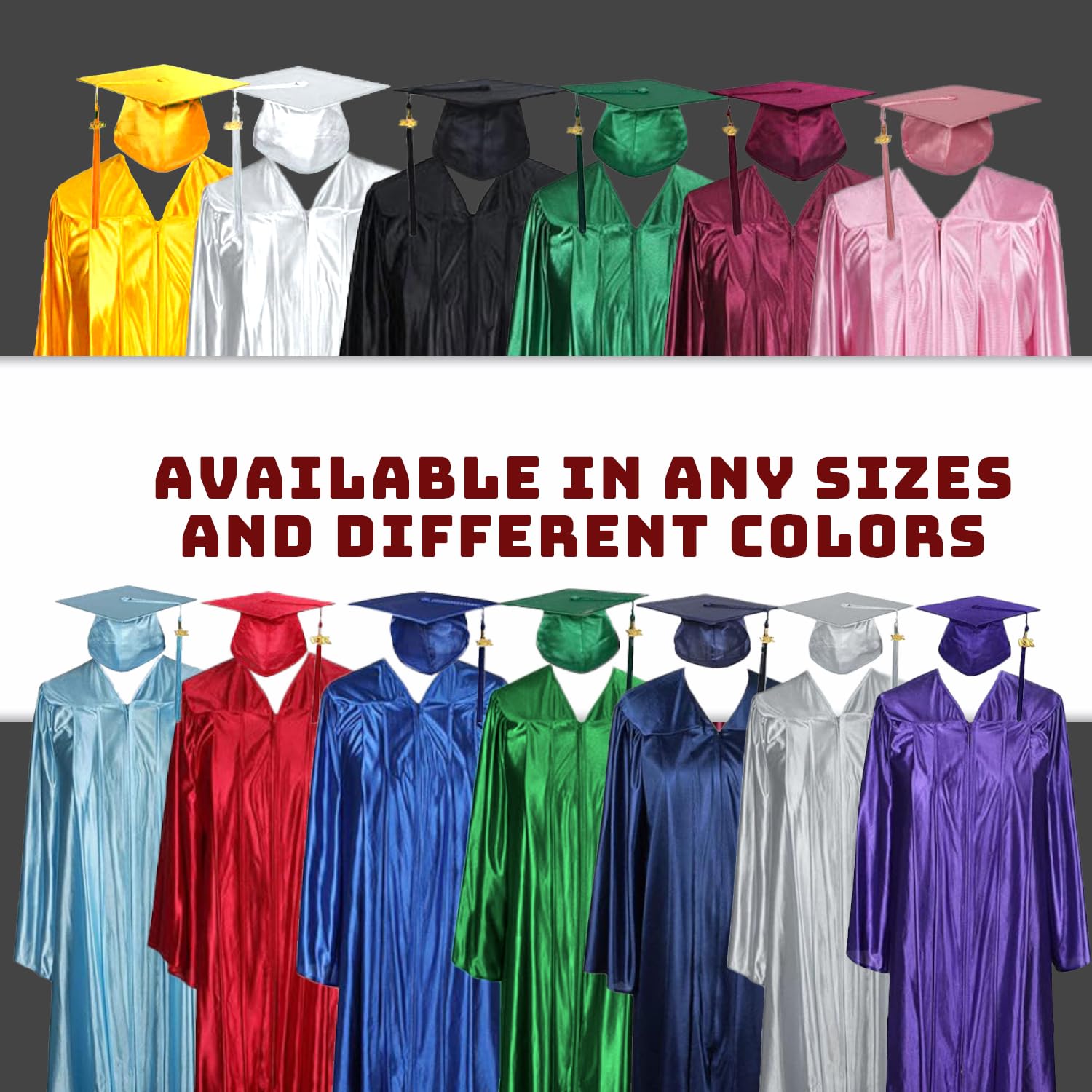 GFY Unisex Shiny Graduation Cap & Gown Set with 2024 Tassel Year Charm for Elementary, Middle School, High School, & College