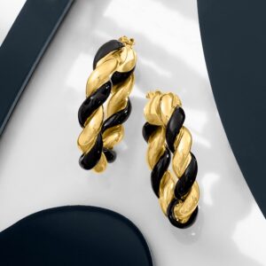 Ross-Simons Italian Black Enamel and 18kt Gold Over Sterling Twist Hoop Earrings