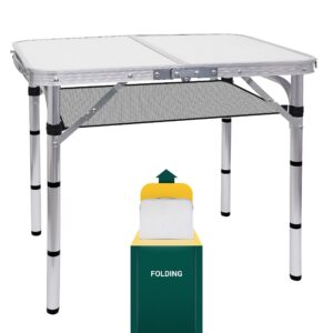 wgos card table, small table, folding table, adjustable 3-level heights folding camping table with mesh holders, lightweight aluminum with carry handle, for outdoor, indoor, picnic, beach (small)