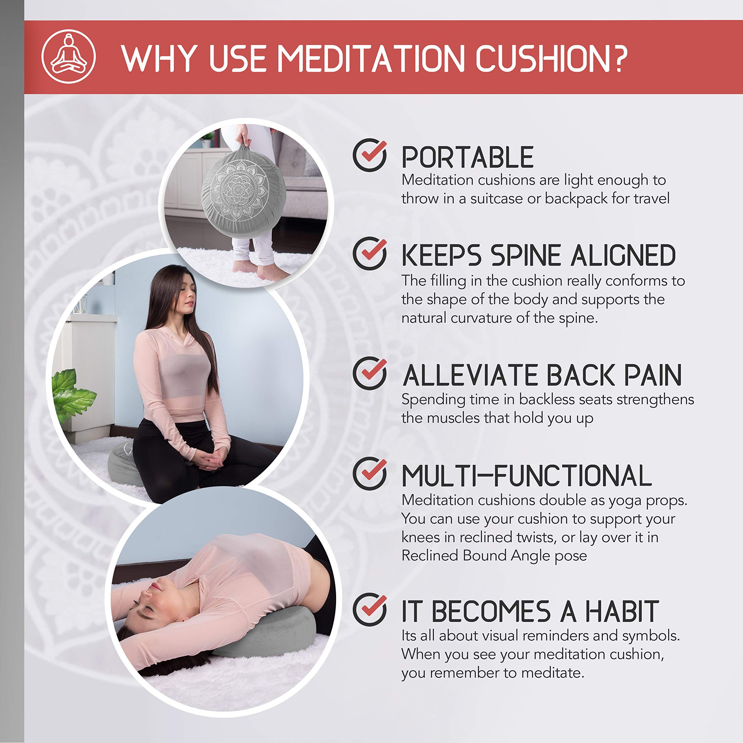 Florensi Yoga & Meditation Bundle | Grey Meditation Cushion & Grey Yoga Bolster