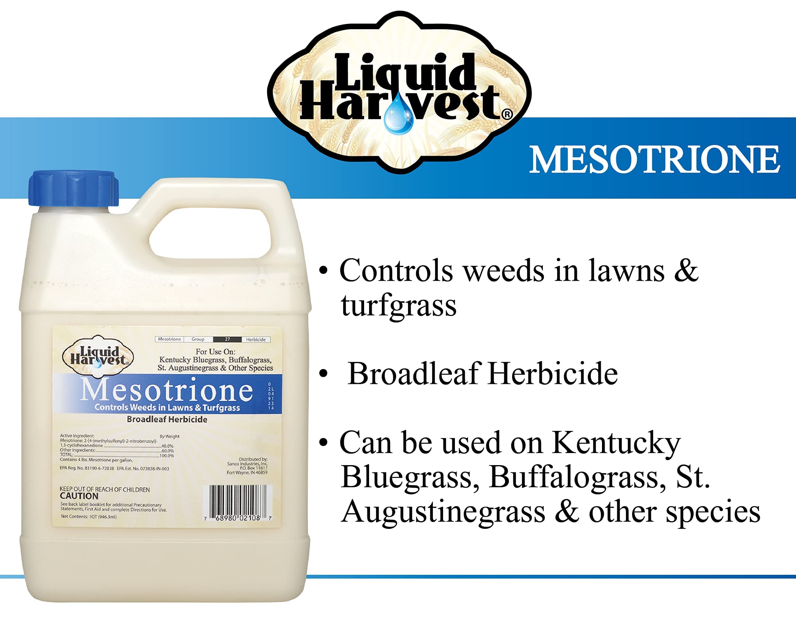 Liquid Harvest Lazer Blue Spray Pattern Indicator 32 oz, Surfactant 32 oz, and Mesotrione 32 oz Bundle for Effective Weed Control