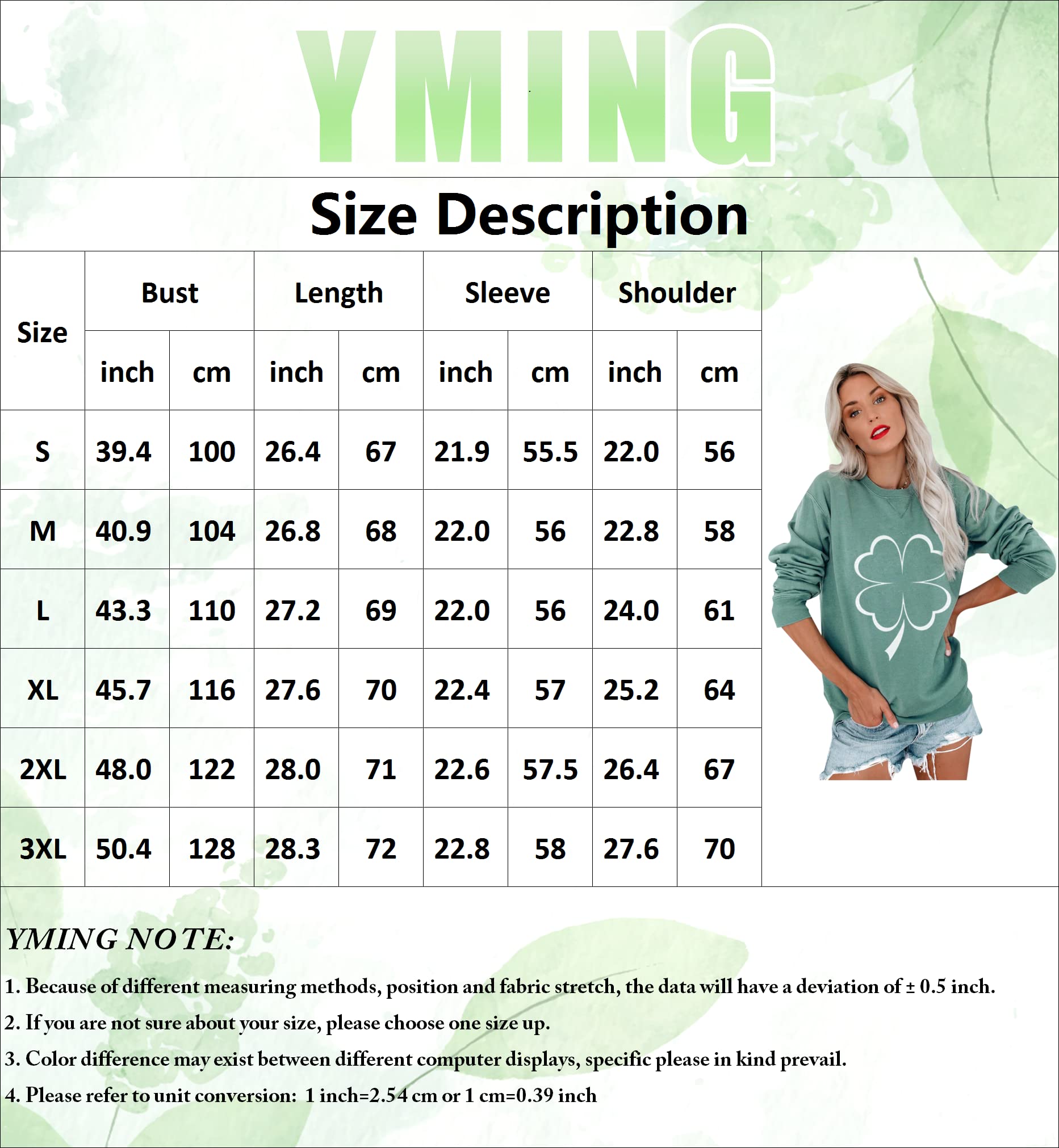 YMING Women's Long Sleeve Crew Neck Shirt Shamrock Printed Pullover Tops St. Patrick's Day Sweatshirt Green Shamrock 3XL