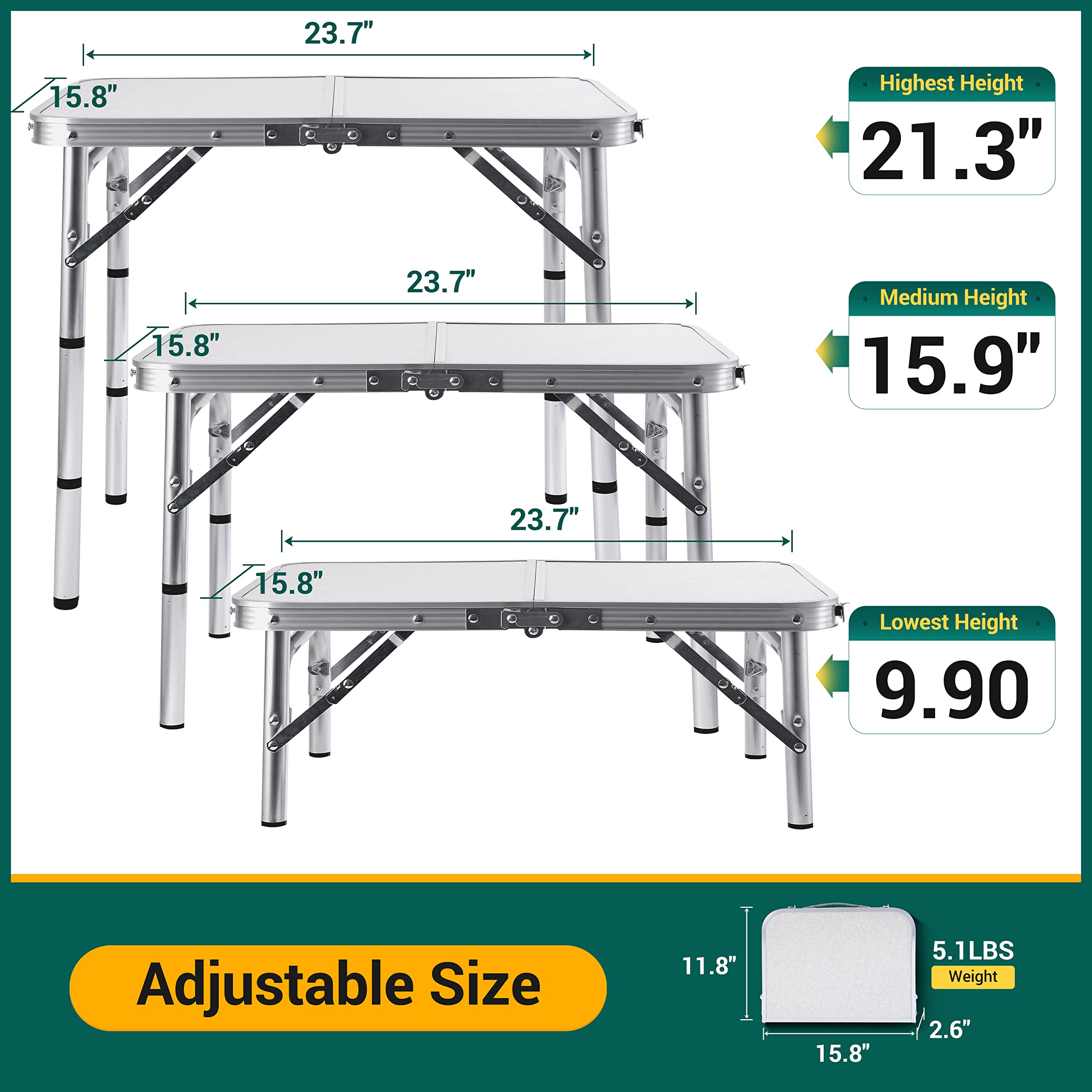 WGOS Card Table, Small Table, Folding Table, Adjustable 3-Level Heights Folding Camping Table with Mesh Holders, Lightweight Aluminum with Carry Handle, for Outdoor, Indoor, Picnic, Beach (Small)