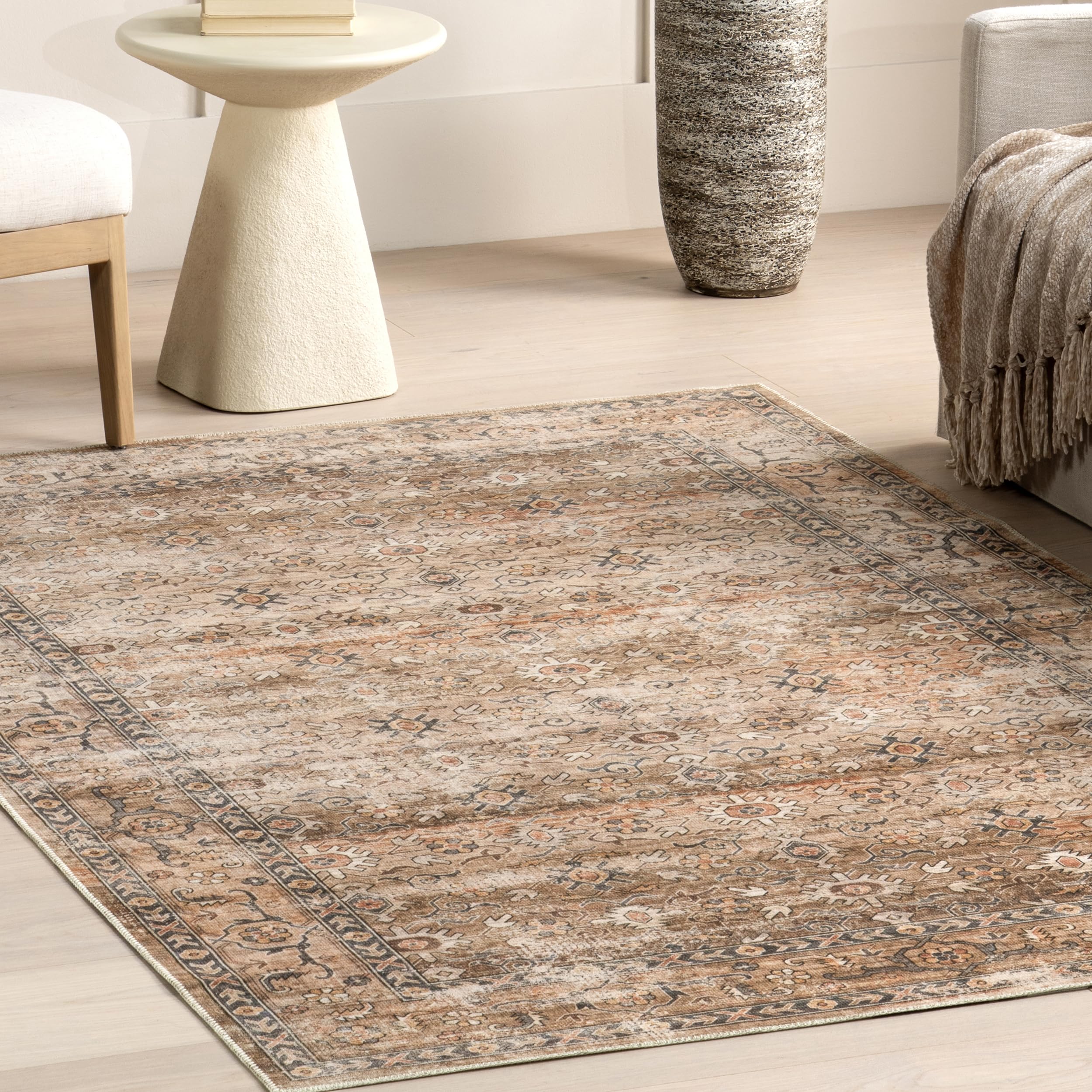 nuLOOM Gwyn Distressed Machine Washable Ultra Thin Area Rug, 6' x 9', Beige