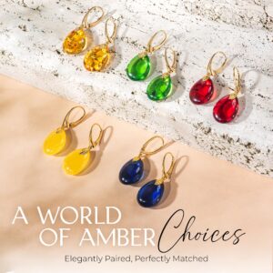 Amber by Mazukna - Cherry Red Amber Earrings for Women - Yellow Gold Plated Silver Leverback Closure - 1.69x0.59inch 0.19oz- Dainty Natural Gemstone Drop Jewelry