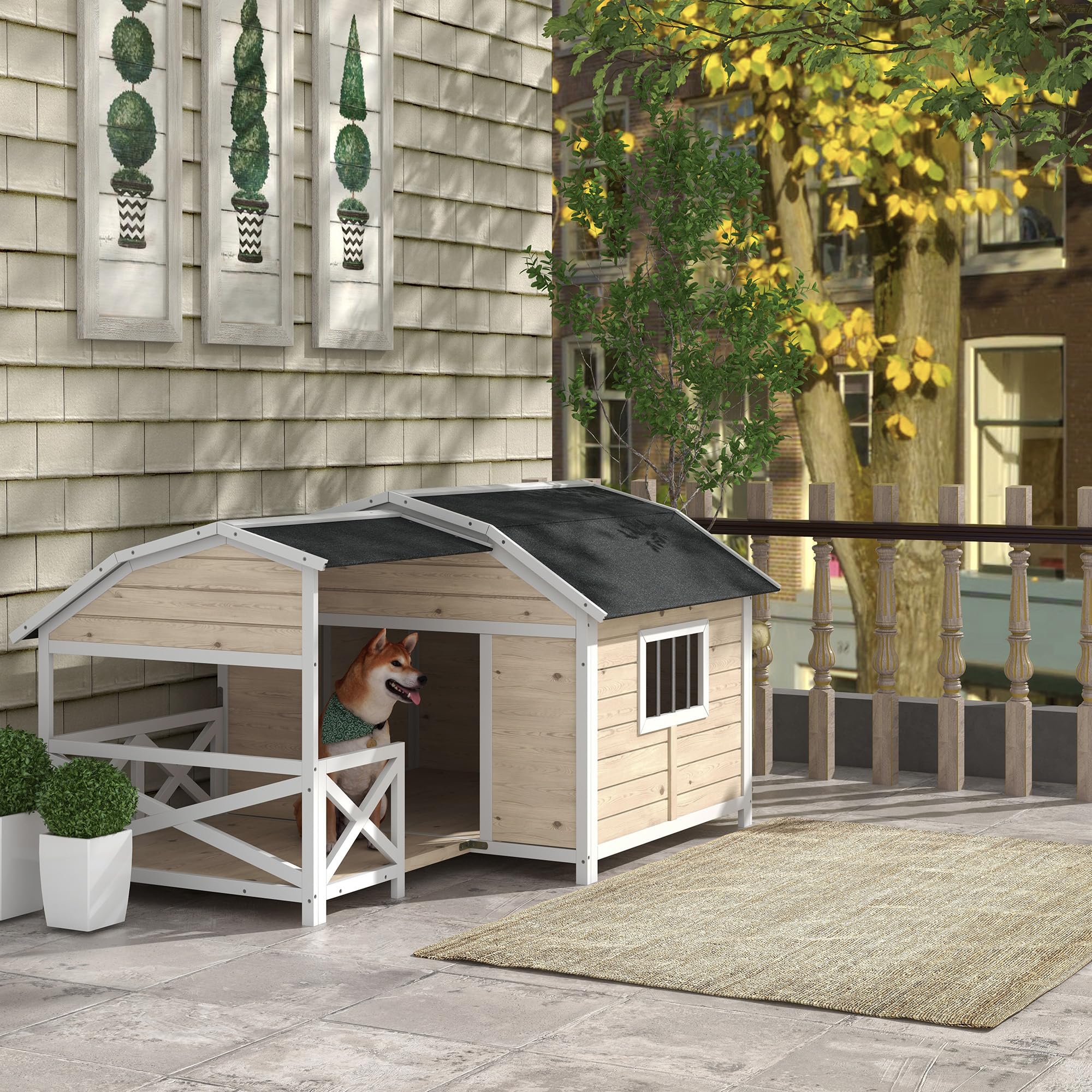 PawHut Wooden Dog House Outdoor with Porch, Raised Pet Kennel for Medium Large Dogs, with Asphalt Roof, Front Door, Side Windows, Gray