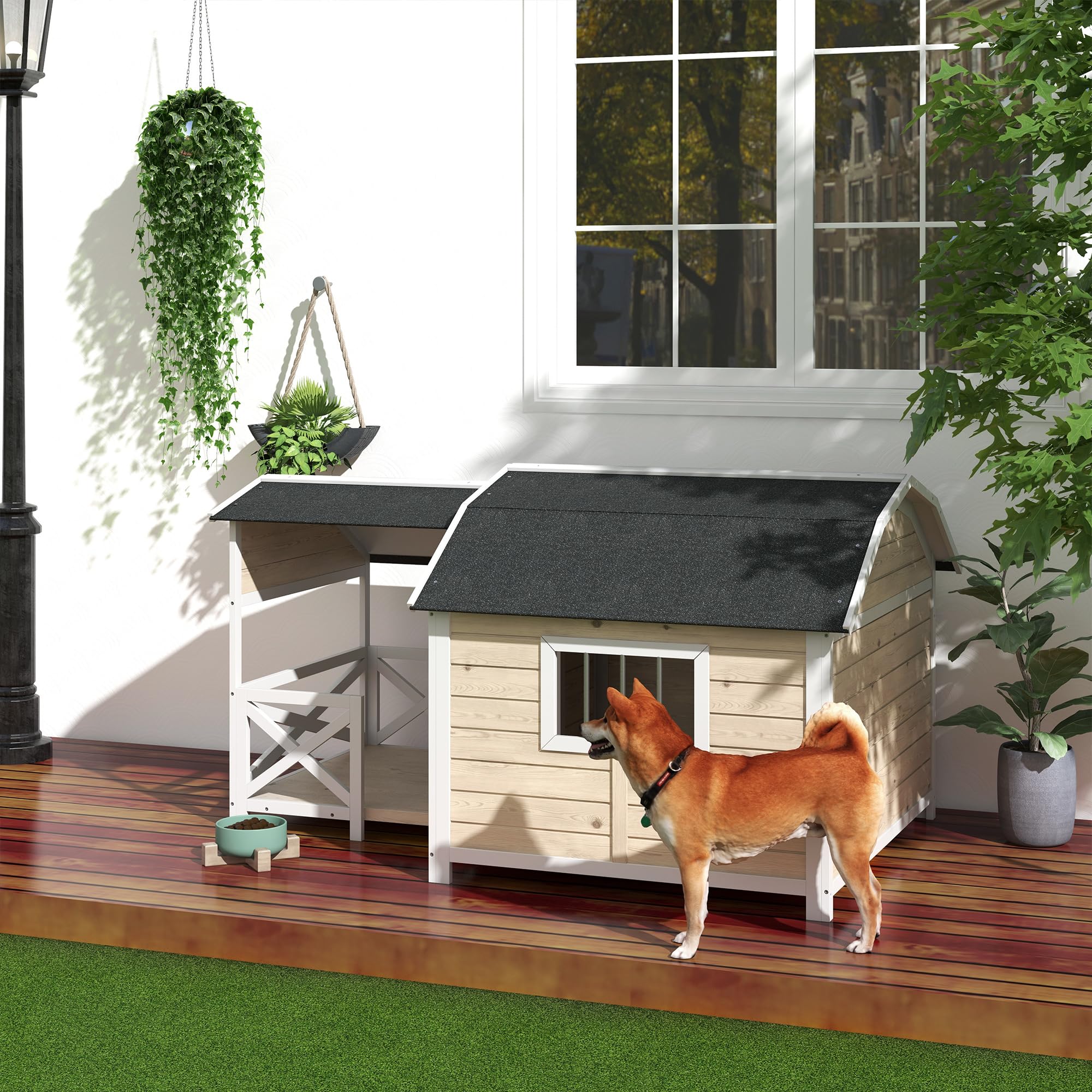 PawHut Wooden Dog House Outdoor with Porch, Raised Pet Kennel for Medium Large Dogs, with Asphalt Roof, Front Door, Side Windows, Gray