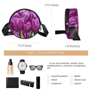 Purple Tulips Flower Bloom Crossbody Bag for Women Teen Girls Round Canvas Shoulder Bag Purse Tote Handbag Bag