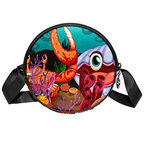 Cute Cartoon a Big Crab and a Clam Crossbody Bag for Women Teen Girls Round Canvas Shoulder Bag Purse Tote Handbag Bag