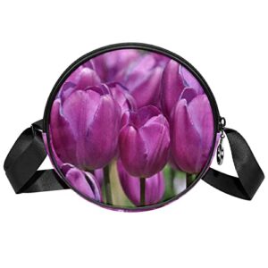 Purple Tulips Flower Bloom Crossbody Bag for Women Teen Girls Round Canvas Shoulder Bag Purse Tote Handbag Bag