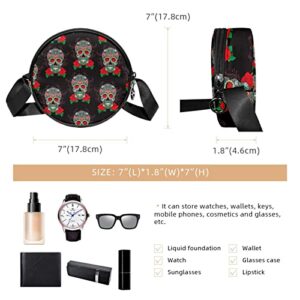 Sugar Skull Rose Crossbody Bag for Women Teen Girls Round Canvas Shoulder Bag Purse Tote Handbag Bag