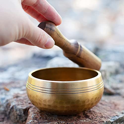 Tibetan Singing Bowl Set Bronze - Master Healing Grade - Pure Tone by Himalayan Bazaar (3.2 Inch, Gold)