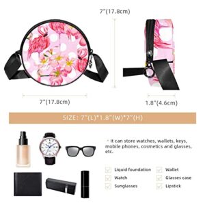 Flamingo and Pink Flower on Polka Dots Crossbody Bag for Women Teen Girls Round Canvas Shoulder Bag Purse Tote Handbag Bag