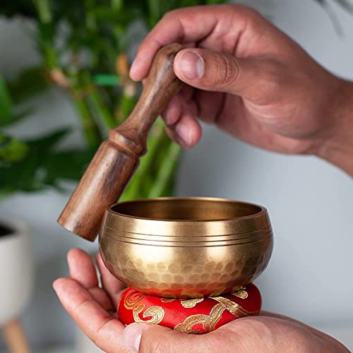 Tibetan Singing Bowl Set Bronze - Master Healing Grade - Pure Tone by Himalayan Bazaar (3.2 Inch, Gold)