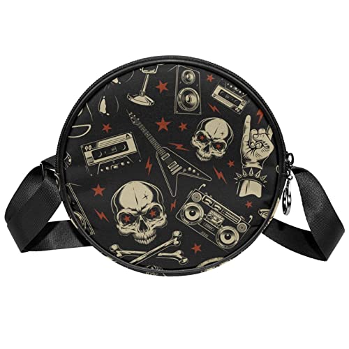 Skulls Rock Pattern Retro Crossbody Bag for Women Teen Girls Round Canvas Shoulder Bag Purse Tote Handbag Bag