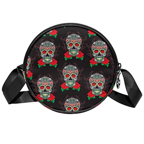 Sugar Skull Rose Crossbody Bag for Women Teen Girls Round Canvas Shoulder Bag Purse Tote Handbag Bag