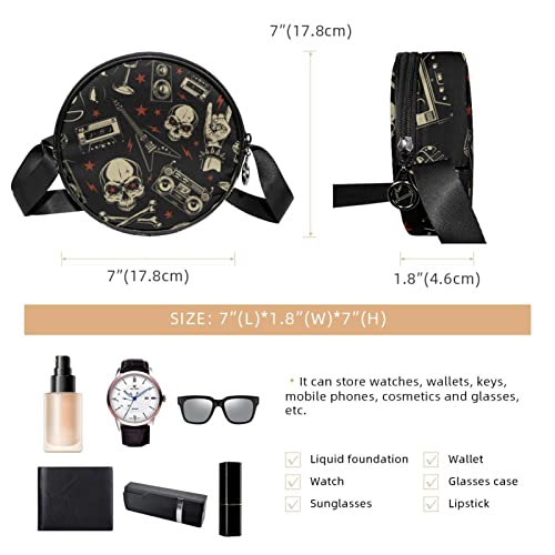 Skulls Rock Pattern Retro Crossbody Bag for Women Teen Girls Round Canvas Shoulder Bag Purse Tote Handbag Bag