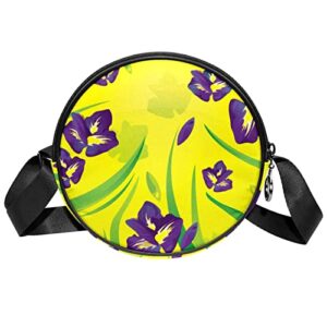 purple iris flower with yellow background crossbody bag for women teen girls round canvas shoulder bag purse tote handbag bag