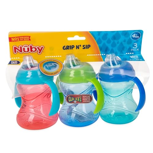 Nuby 3 Piece No-Spill Grip N’ Sip Cup with Silicone Soft Flex Spout, 2 Handle with Clik It Lock Feature, Boy, 10 Ounce