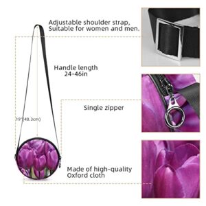 Purple Tulips Flower Bloom Crossbody Bag for Women Teen Girls Round Canvas Shoulder Bag Purse Tote Handbag Bag