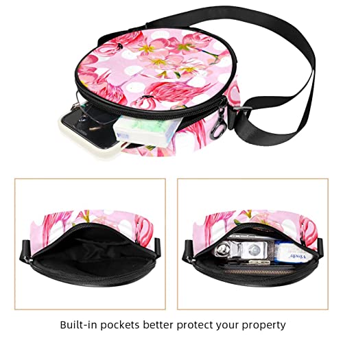 Flamingo and Pink Flower on Polka Dots Crossbody Bag for Women Teen Girls Round Canvas Shoulder Bag Purse Tote Handbag Bag