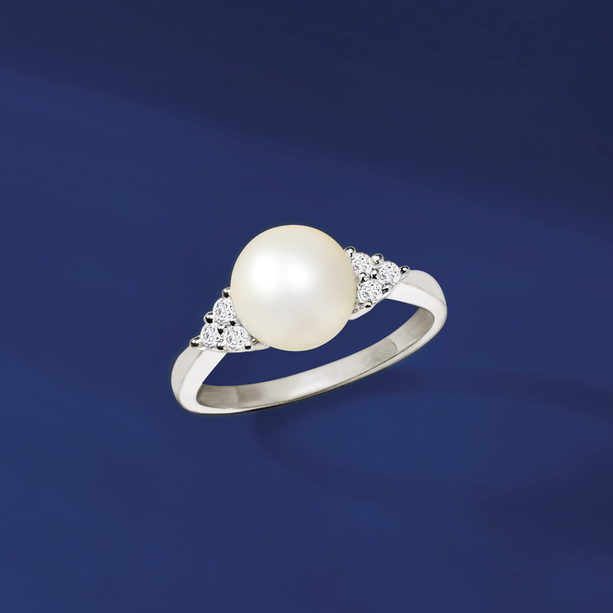 Ross-Simons 7.5-8.5mm Cultured Pearl and .13 ct. t.w. Diamond Ring in Sterling Silver. Size 7