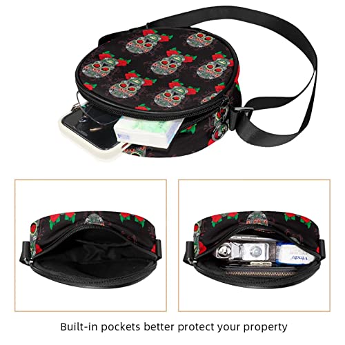 Sugar Skull Rose Crossbody Bag for Women Teen Girls Round Canvas Shoulder Bag Purse Tote Handbag Bag