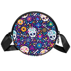 Skull Design Crossbody Bag for Women Teen Girls Round Canvas Shoulder Bag Purse Tote Handbag Bag