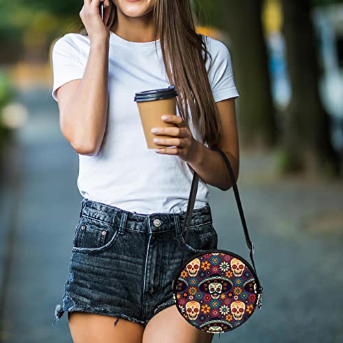 Floral Skulls Funny Colorful Crossbody Bag for Women Teen Girls Round Canvas Shoulder Bag Purse Tote Handbag Bag