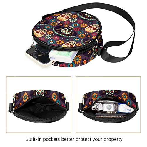 Floral Skulls Funny Colorful Crossbody Bag for Women Teen Girls Round Canvas Shoulder Bag Purse Tote Handbag Bag