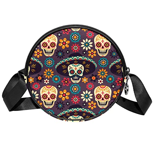 Floral Skulls Funny Colorful Crossbody Bag for Women Teen Girls Round Canvas Shoulder Bag Purse Tote Handbag Bag