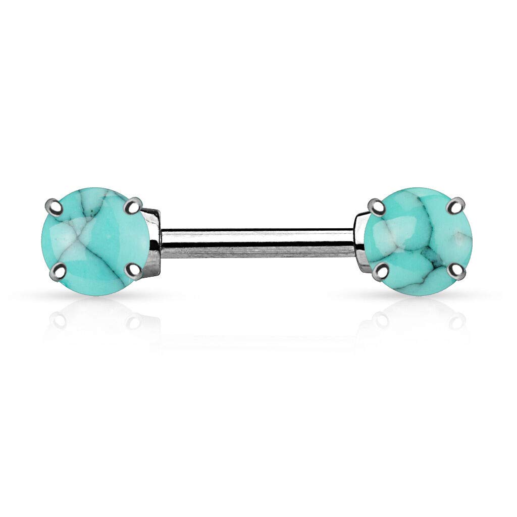 Pair of Semi Precious Stone Prong Set Surgical Steel Nipple Rings Barbells 14G - Turquoise