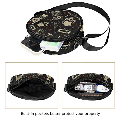 Skulls Rock Pattern Retro Crossbody Bag for Women Teen Girls Round Canvas Shoulder Bag Purse Tote Handbag Bag