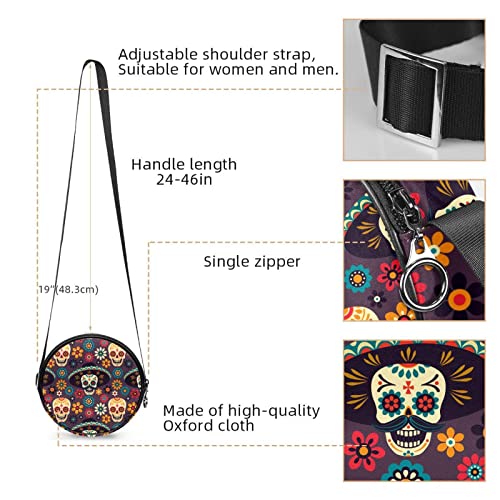 Floral Skulls Funny Colorful Crossbody Bag for Women Teen Girls Round Canvas Shoulder Bag Purse Tote Handbag Bag