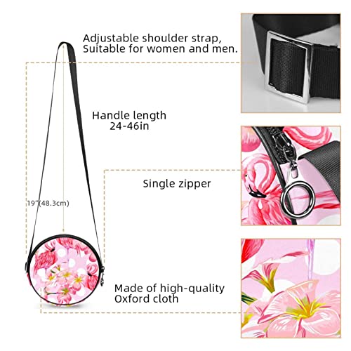 Flamingo and Pink Flower on Polka Dots Crossbody Bag for Women Teen Girls Round Canvas Shoulder Bag Purse Tote Handbag Bag