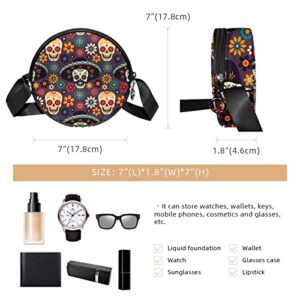 Floral Skulls Funny Colorful Crossbody Bag for Women Teen Girls Round Canvas Shoulder Bag Purse Tote Handbag Bag