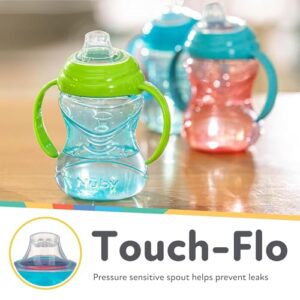 Nuby 3 Piece No-Spill Grip N’ Sip Cup with Silicone Soft Flex Spout, 2 Handle with Clik It Lock Feature, Boy, 10 Ounce