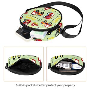 Cartoon Vehicle Traffic Crossbody Bag for Women Teen Girls Round Canvas Shoulder Bag Purse Tote Handbag Bag