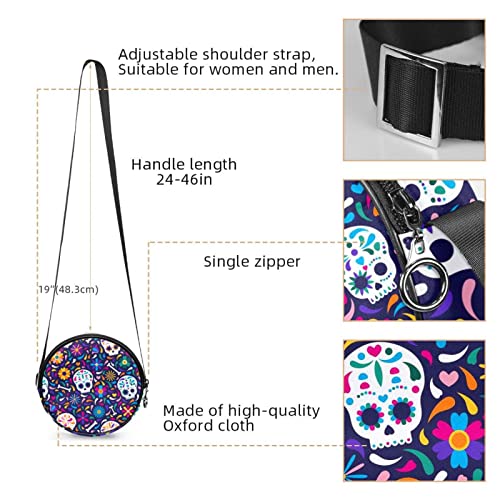 Skull Design Crossbody Bag for Women Teen Girls Round Canvas Shoulder Bag Purse Tote Handbag Bag