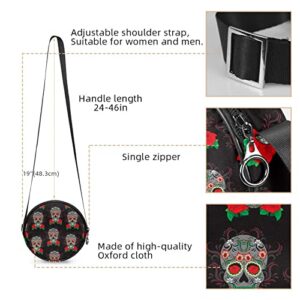 Sugar Skull Rose Crossbody Bag for Women Teen Girls Round Canvas Shoulder Bag Purse Tote Handbag Bag