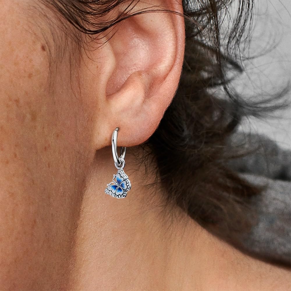 PANDORA Blue Butterfly Hoop Earrings - Unique Earrings for Women - Great Gift for Her - Made with Sterling Silver, Cubic Zirconia & Enamel