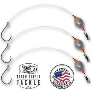 Tooth Shield Tackle 3 Pack Carolina Drum Rig Redfish Catfish [80lb Fluorocarbon - Snelled Big Cat Circle Hook] Egg Weight [2, 8/0] Offshore Saltwater Big Game Grouper Snapper Leaders Bottom Fishing