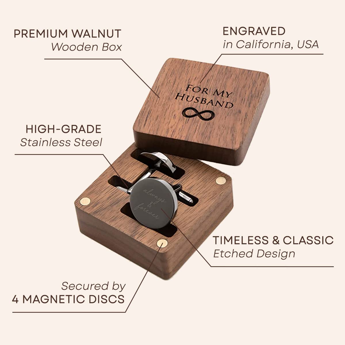 MUUJEE Cufflinks with Engraved Wood Gift Box - For My Husband Cuff Link Set for Men Spouse Fiancé & Groom from the Bride Future Wife Wedding Day Tuxedo Dress Shirt Accessory Reception Memory Keepsake